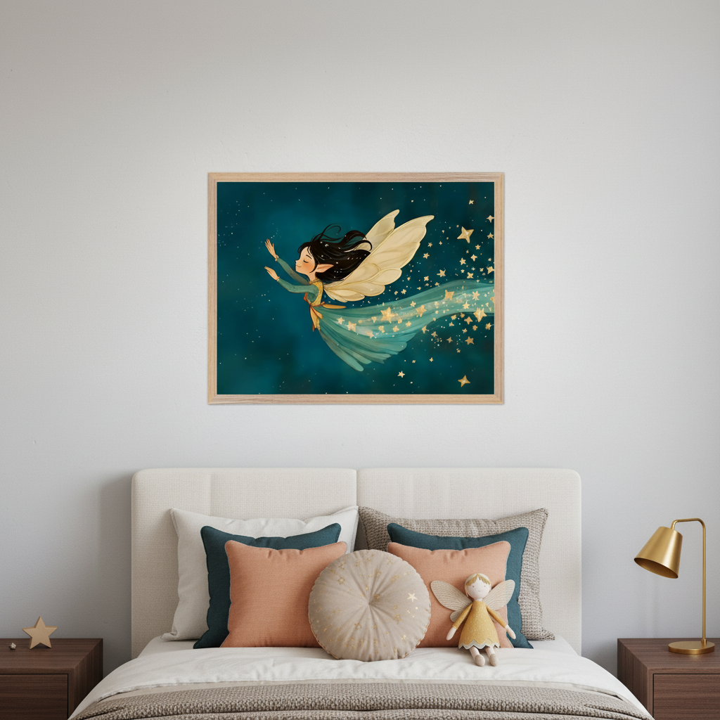 Kid's bedroom with a neutral upholstered bed and two nightstands. A framed illustration of a flying fairy in a teal dress with wings, leaving a trail of golden stars against a dark blue, starry sky, hangs centered above the bed.