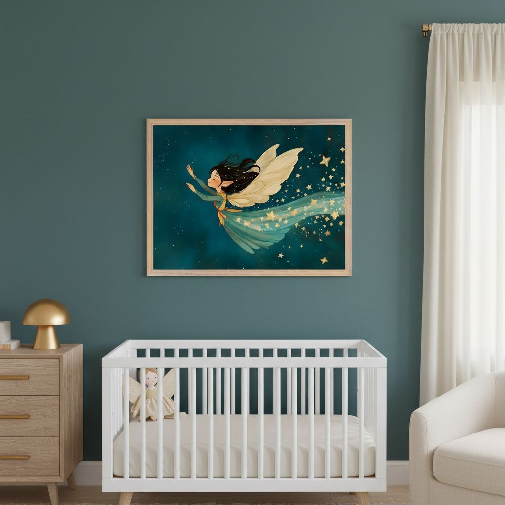 Modern nursery features a white crib and wood dresser. Centered above them is a framed print depicting a dark-haired fairy with light wings and a teal dress, flying across a starry teal sky with a trail of gold stars.