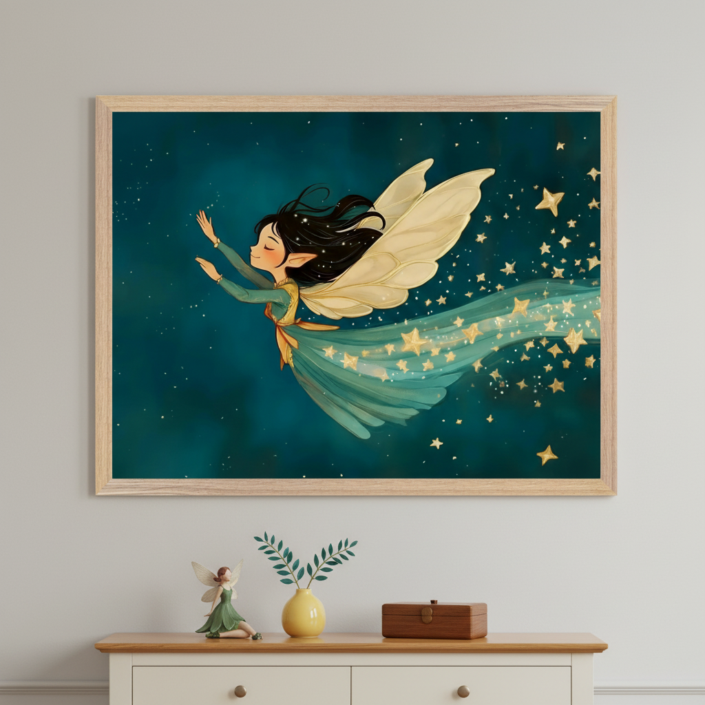 Room with a white wooden dresser. A framed print of a cartoon fairy with dark hair and light wings, flying through a starry teal sky, leaving a trail of golden stars, hangs centered above the dresser.