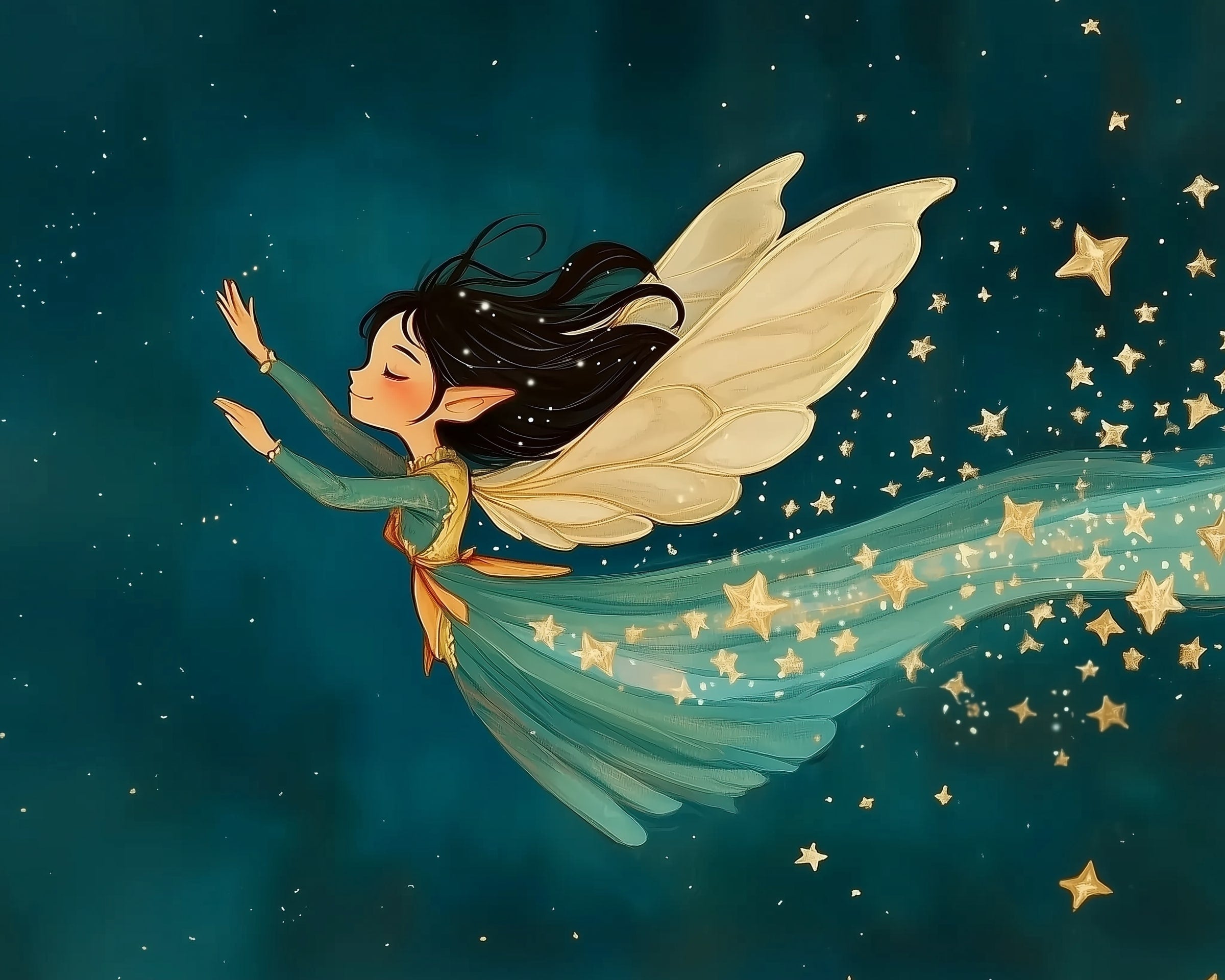 A whimsical illustration of a fairy with flowing black hair and large, delicate wings, gliding through a starry night sky. She wears a flowing teal dress adorned with golden stars, leaving a sparkling trail of stars behind her.
