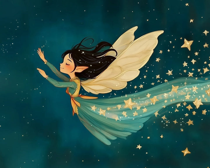 A whimsical illustration of a fairy with flowing black hair and large, delicate wings, gliding through a starry night sky. She wears a flowing teal dress adorned with golden stars, leaving a sparkling trail of stars behind her.