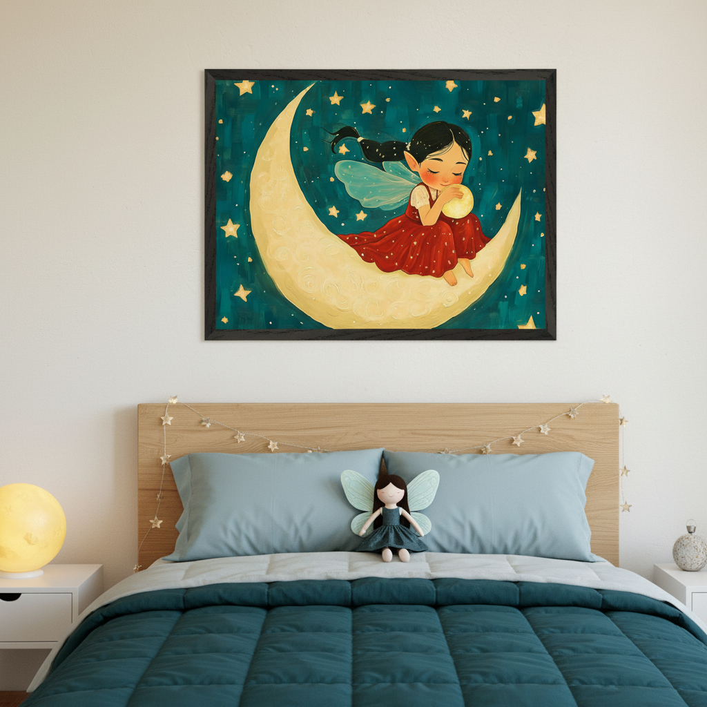 Kid's bedroom with a wooden bed, blue bedding, and white nightstands. A framed illustrative painting of an elf-like fairy in a red dress sitting on a crescent moon with stars in a teal sky hangs centered above the bed.