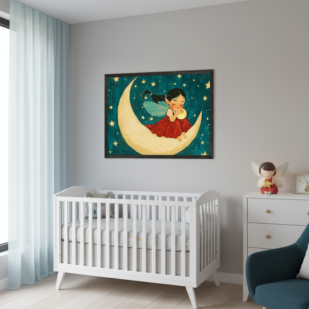 Modern nursery with a white crib and dresser. Above the crib, a framed print shows a cartoon fairy in a red dress with blue wings, sitting on a yellow crescent moon against a starry teal sky, holding a glowing orb. A fairy figurine is on the dresser, and a teal armchair is visible.