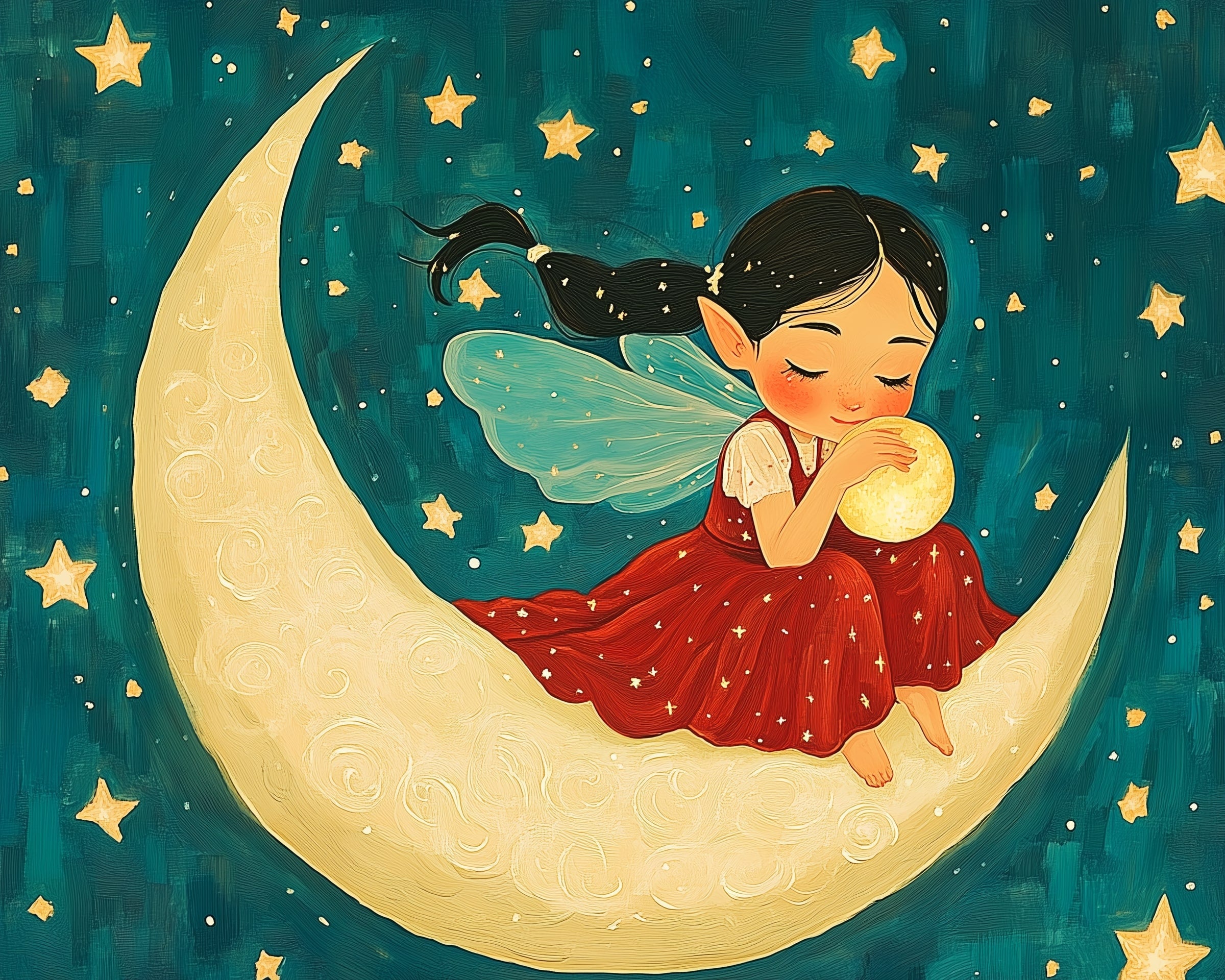 A whimsical illustration of a fairy with delicate blue wings sitting on a crescent moon. She is wearing a red dress and gently holding a glowing orb. The night sky is dotted with twinkling stars, creating a magical atmosphere.
