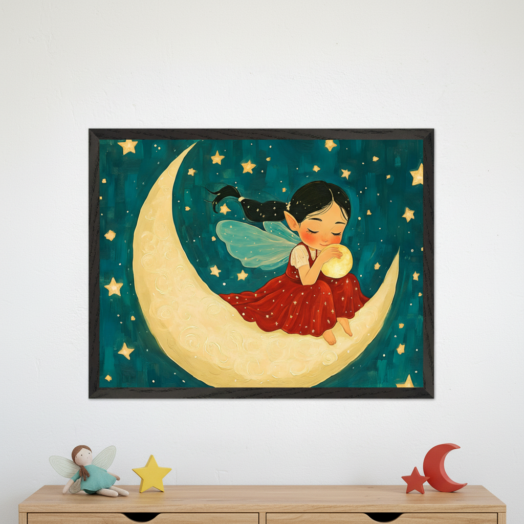 Kid's bedroom with a wooden dresser. A framed whimsical illustration of a fairy on a crescent moon, holding a glowing orb under a starry sky, hangs above the dresser on a white wall. Several toys rest on the dresser.