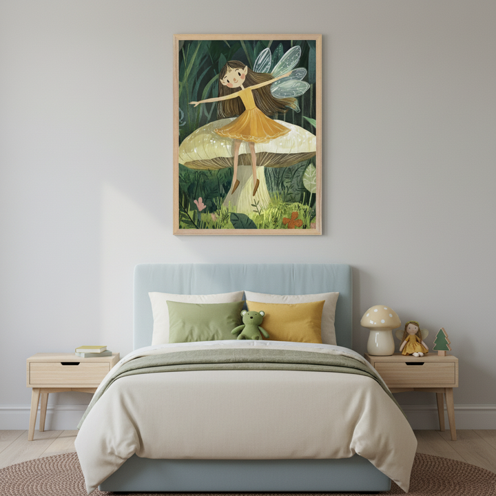Kid's bedroom with a light blue bed and wooden nightstands. A large framed print of an illustrated fairy with a yellow dress on a mushroom in a forest hangs centered above the bed.