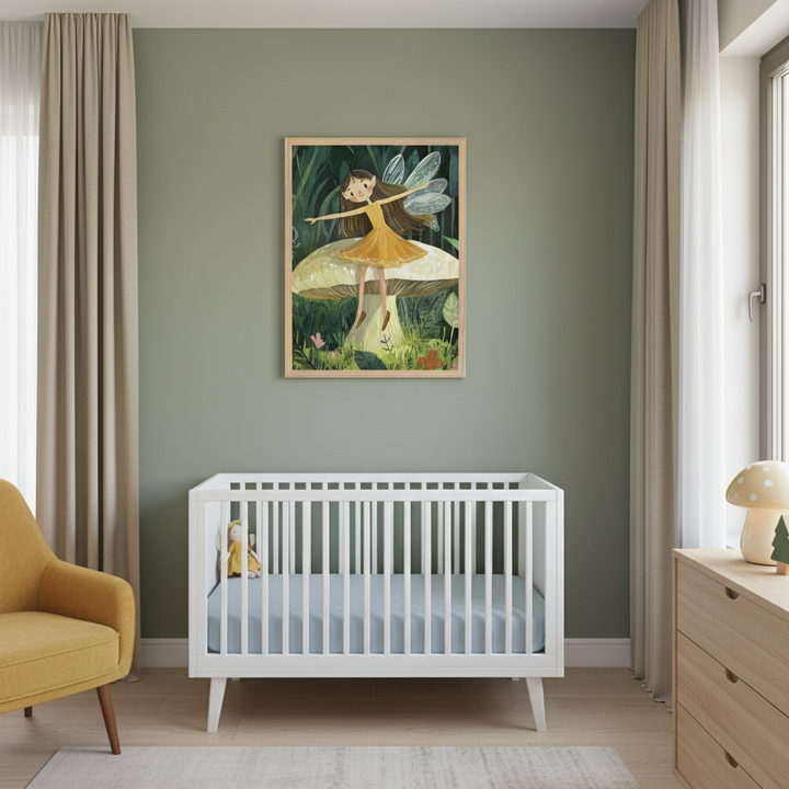 Modern nursery with a white crib, yellow armchair, and wood dresser. A framed illustration of a fairy in a yellow dress standing on a mushroom in a forest hangs centered above the crib.