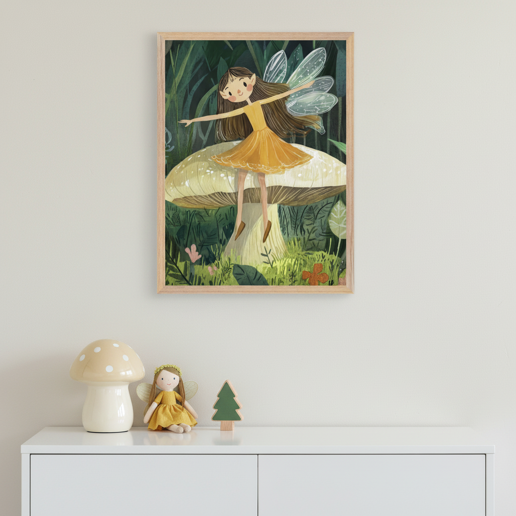 Modern kid's room with a white dresser. A wooden-framed illustration of a brown-haired fairy in a yellow dress standing on a large mushroom hangs above the dresser. A mushroom lamp, a matching fairy doll, and a wooden tree are on the dresser.