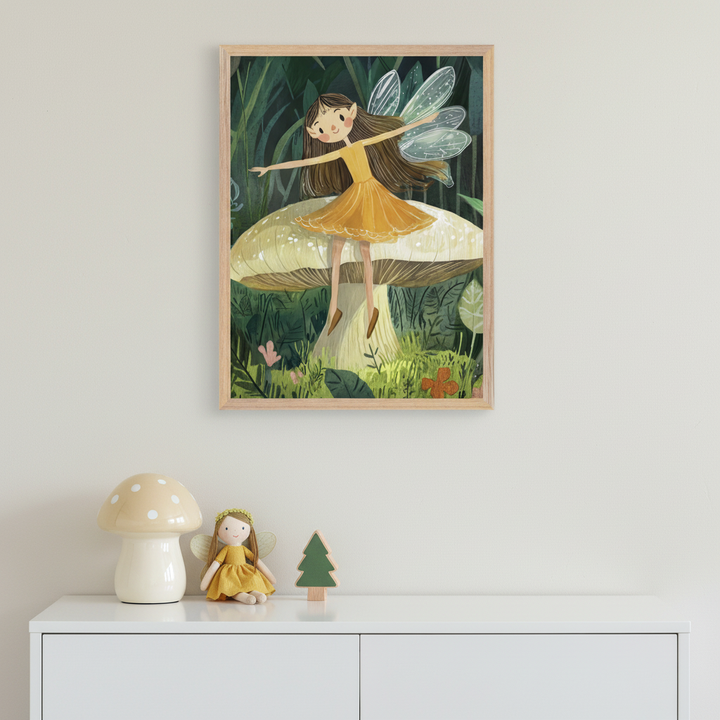 Modern kid's room with a white dresser. A wooden-framed illustration of a brown-haired fairy in a yellow dress standing on a large mushroom hangs above the dresser. A mushroom lamp, a matching fairy doll, and a wooden tree are on the dresser.