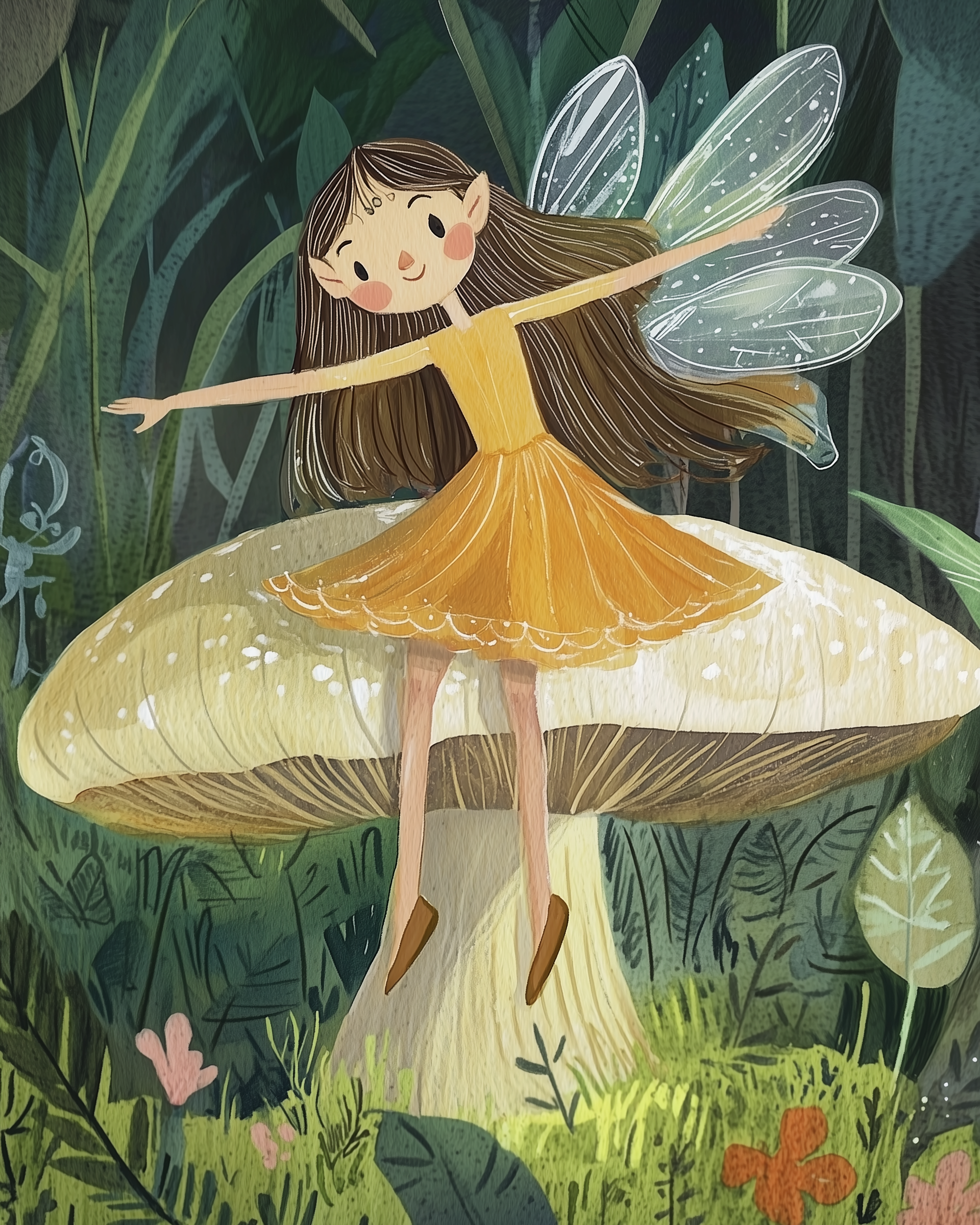 A whimsical fairy with delicate wings and a flowing orange dress joyfully dances on a large mushroom in a lush forest setting.