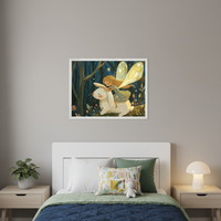 Kid's bedroom with a light gray wall above a white bed and wooden nightstands. A framed painting of a fairy with yellow wings riding a white rabbit through a dark, whimsical forest hangs centered above the bed.