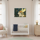 Modern nursery with a white crib, armchair, and wooden dresser. A framed print of a fairy with yellow wings riding a white rabbit in a dark, starry forest hangs above the crib.