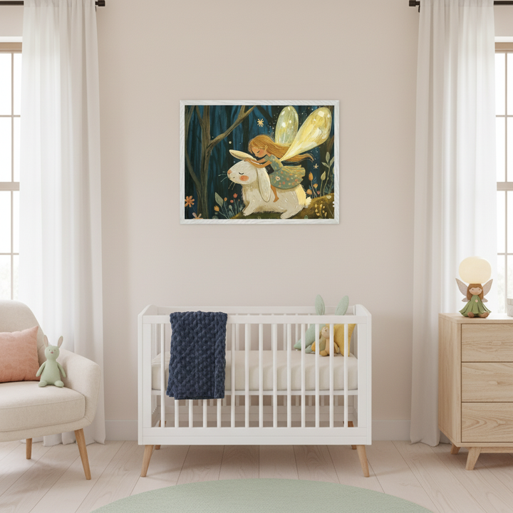Modern nursery with a white crib, armchair, and wooden dresser. A framed print of a fairy with yellow wings riding a white rabbit in a dark, starry forest hangs above the crib.