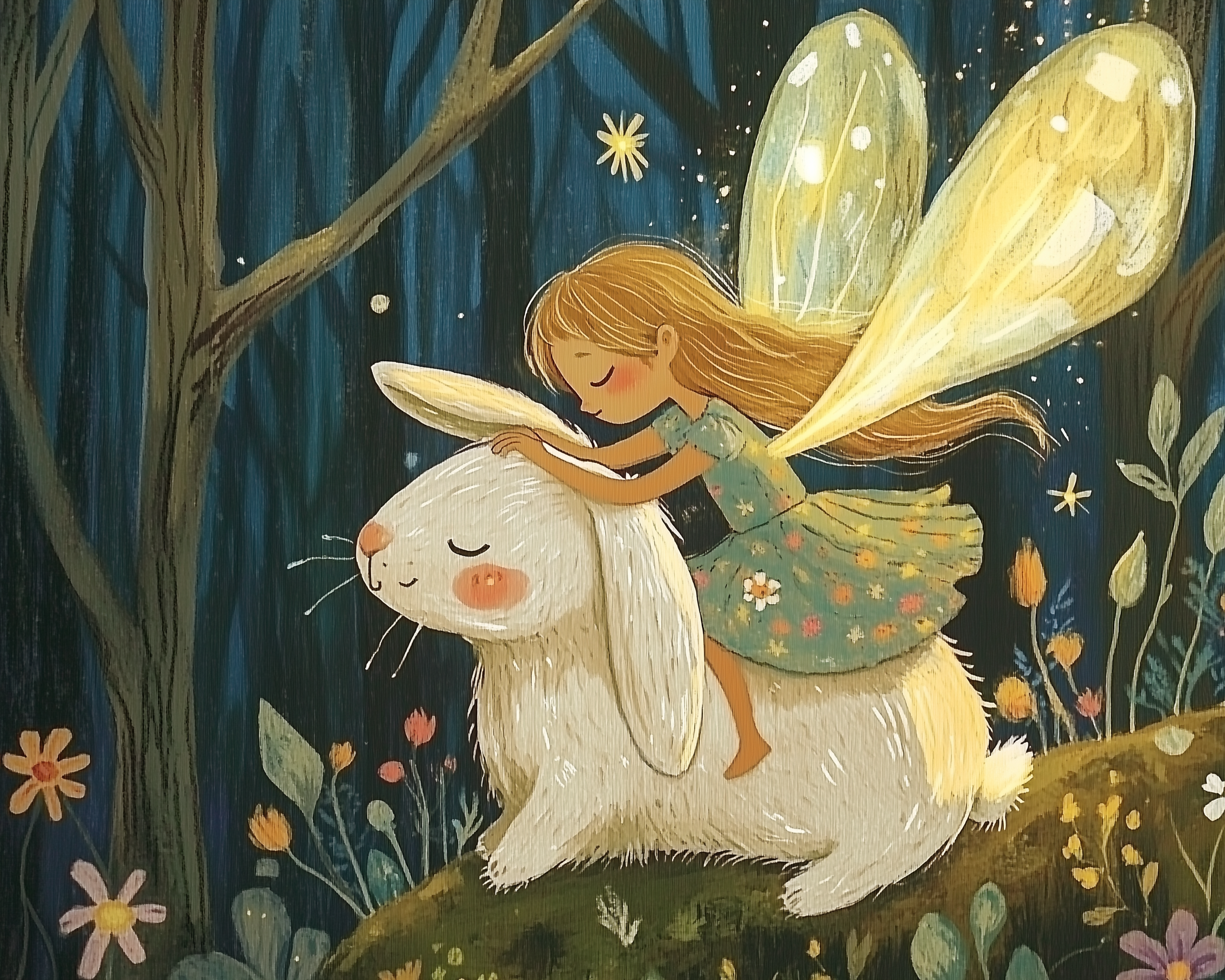 A whimsical illustration depicts a fairy with glowing wings riding a large, serene white rabbit through a nighttime forest, surrounded by colorful flowers and tall trees.