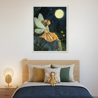 Modern kid's bedroom with a wooden bed, headboard, and blue duvet. A bedside table with a leaf lamp. A large framed illustration of a fairy with light blue wings in an orange dress sitting on a rock under a full moon in a night forest hangs above the bed. A fairy doll is on the bed.