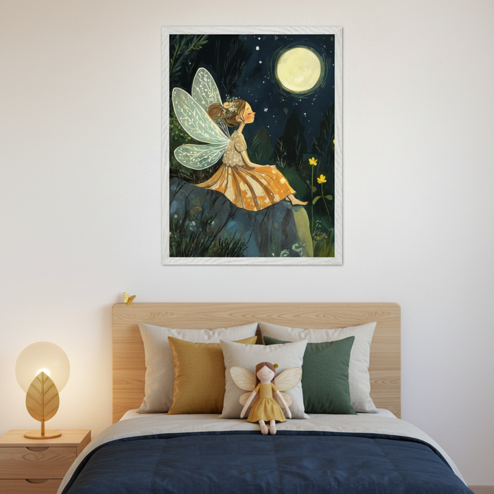 Modern kid's bedroom with a wooden bed, headboard, and blue duvet. A bedside table with a leaf lamp. A large framed illustration of a fairy with light blue wings in an orange dress sitting on a rock under a full moon in a night forest hangs above the bed. A fairy doll is on the bed.