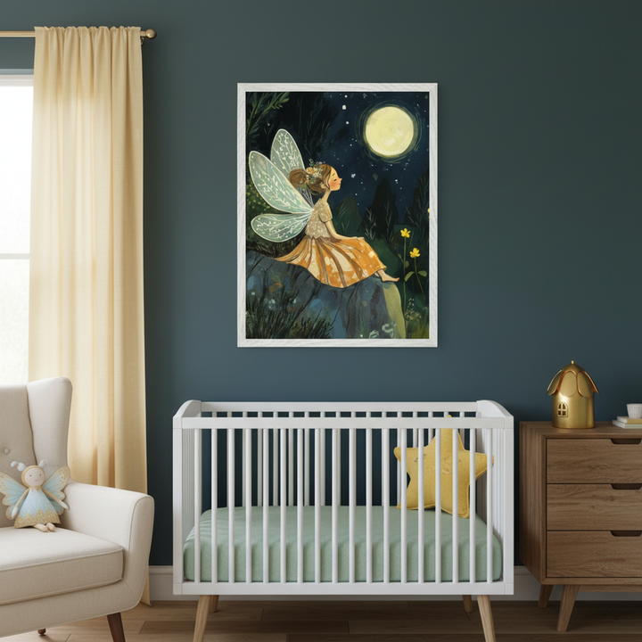 Modern nursery with a white crib, light green sheet, and yellow star pillow against a dark teal wall. A large framed illustration of a fairy sitting on a rock looking at a full moon in a forest hangs centered above the crib. A beige armchair and wooden dresser are also visible.