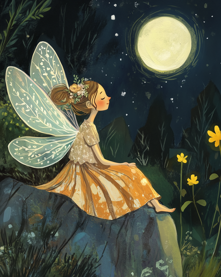 A whimsical fairy with delicate, translucent wings and a floral crown sits serenely on a rock, gazing at the bright full moon in a starry night sky, surrounded by tall flowers and lush greenery.