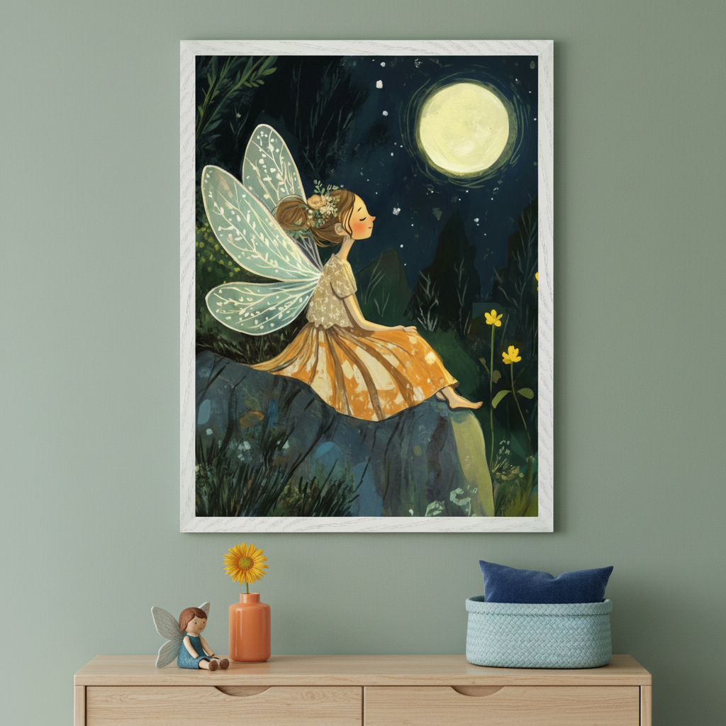 Modern kid's room with a light wood dresser. A large white-framed illustration of a fairy sitting on a rock under a full moon hangs centered above the dresser. A fairy figurine, vase with a yellow flower, and blue basket are on the dresser.