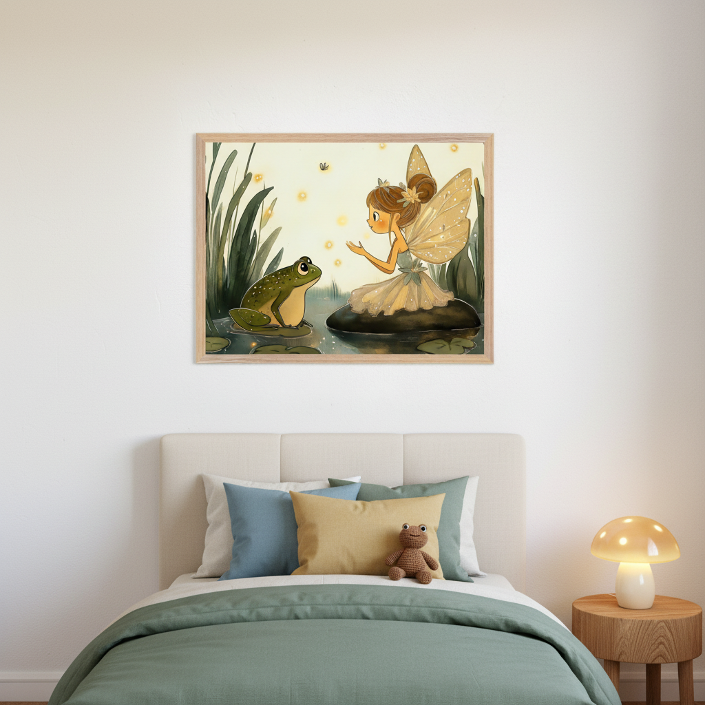 Kid's bedroom with a beige upholstered bed and green bedding. A framed illustration of a fairy and frog in a pond with glowing elements hangs above the bed. A wooden nightstand with a mushroom lamp is to the right.