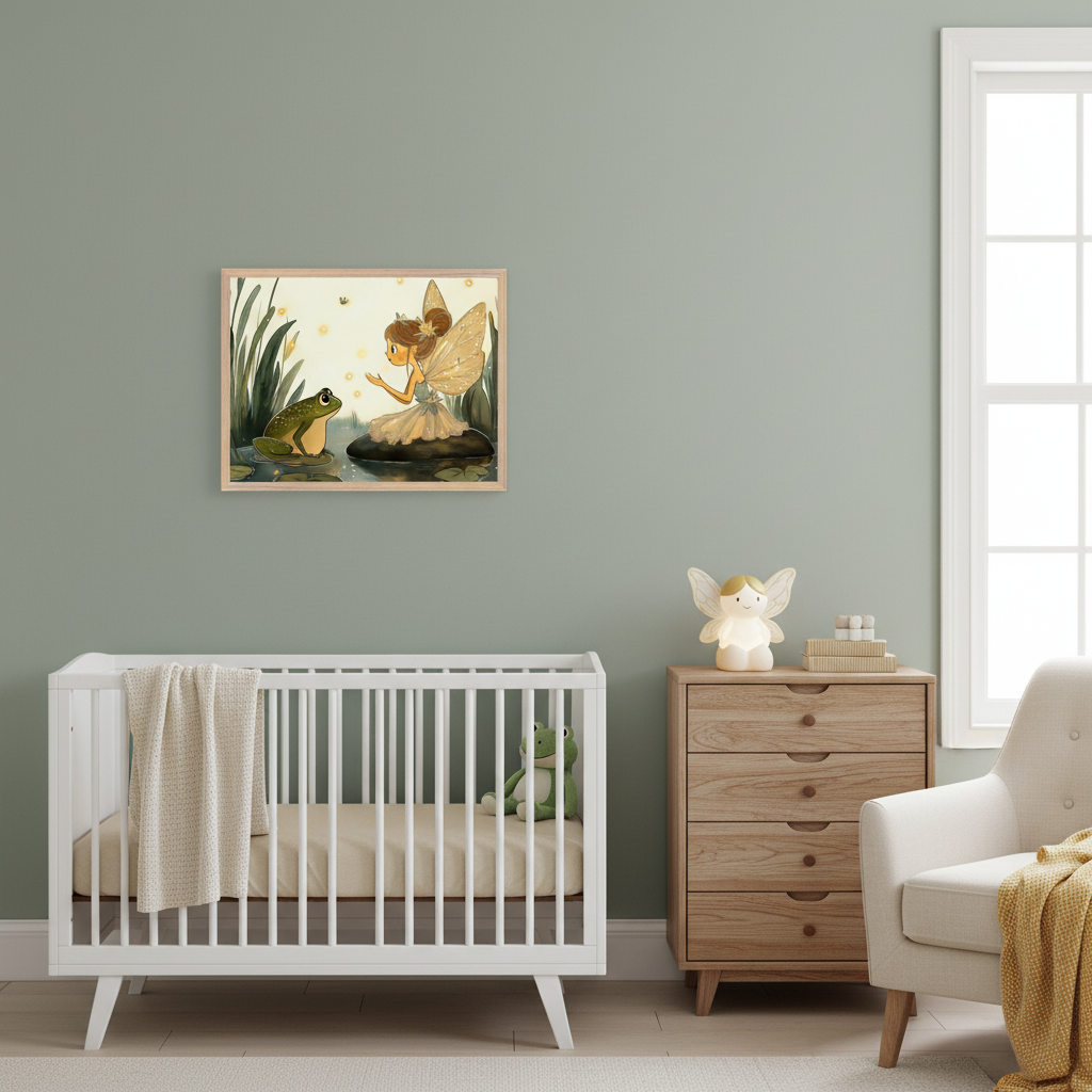 Modern room with a white cabinet. A framed whimsical illustration of a fairy with golden wings talking to a green frog in a pond with fireflies hangs centered above the cabinet. A frog plush, golden angel figurine, small plant, and blue vase are on the cabinet.