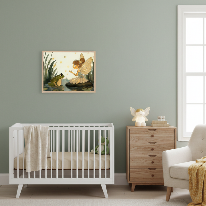 Modern room with a white cabinet. A framed whimsical illustration of a fairy with golden wings talking to a green frog in a pond with fireflies hangs centered above the cabinet. A frog plush, golden angel figurine, small plant, and blue vase are on the cabinet.