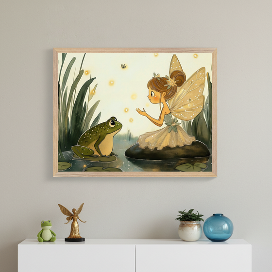 Modern room with a white cabinet. A framed whimsical illustration of a fairy with golden wings talking to a green frog in a pond with fireflies hangs centered above the cabinet. A frog plush, golden angel figurine, small plant, and blue vase are on the cabinet.