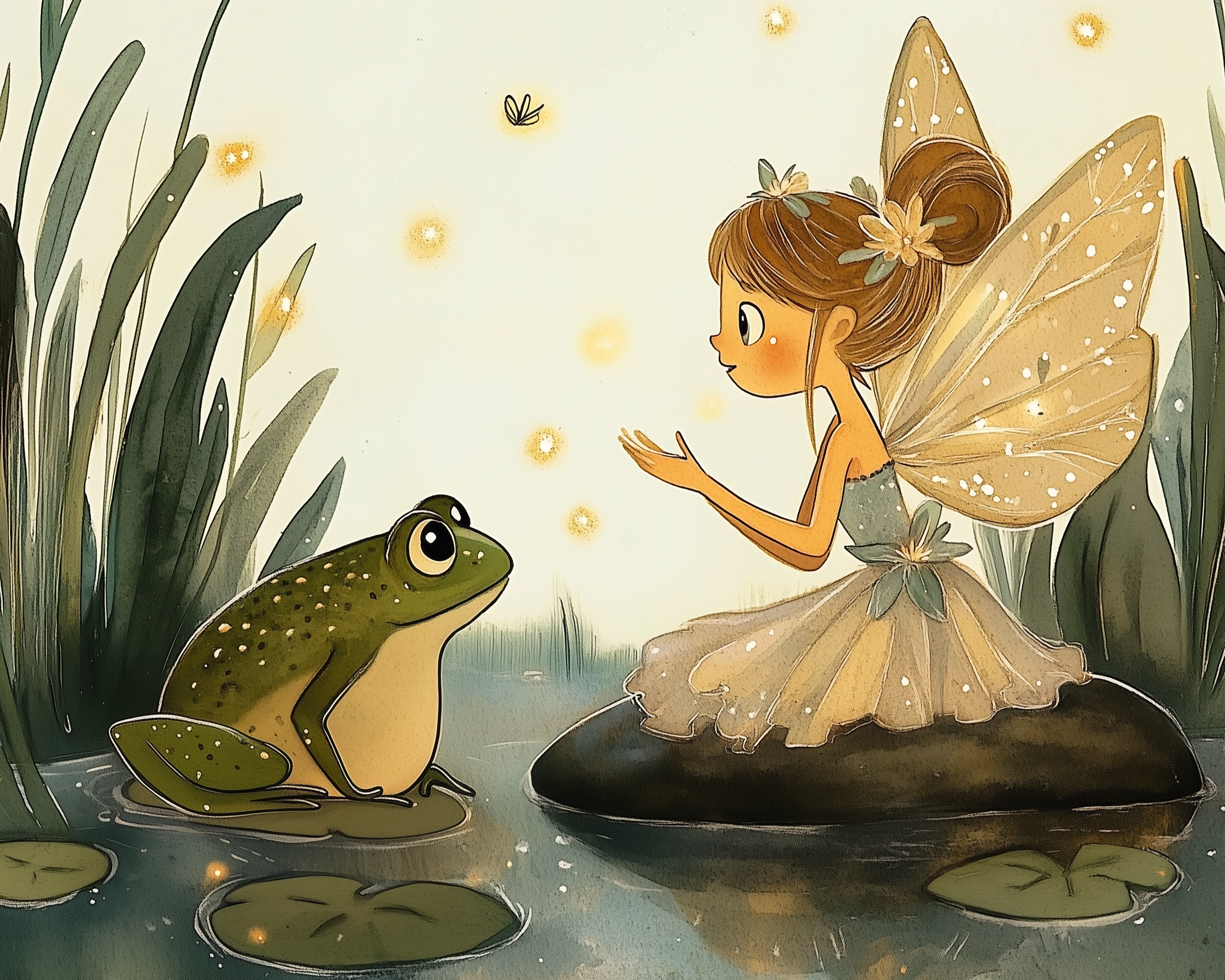 A whimsical illustration depicts a fairy with delicate, sparkling wings and a floral dress sitting on a rock in a pond, engaging with a curious frog on a lily pad. Glowing fireflies dance around them, creating an enchanting atmosphere amidst tall grasses.