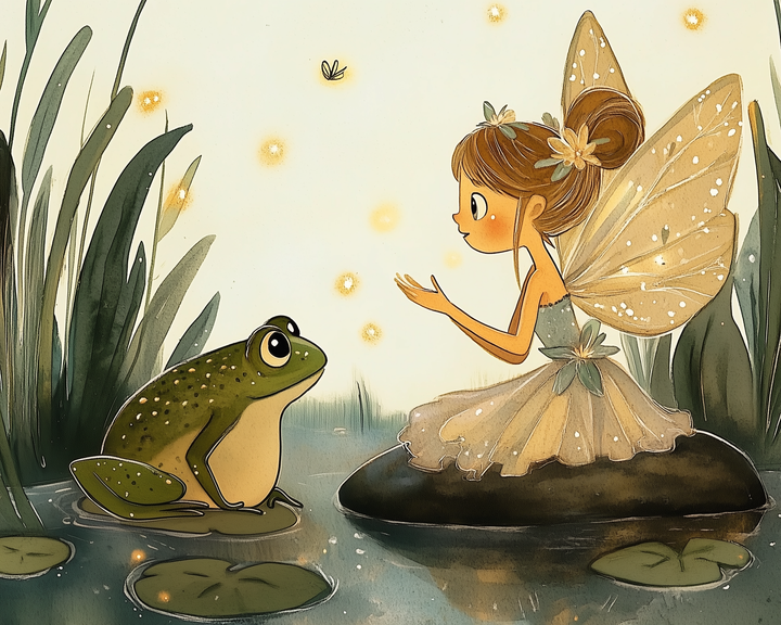 A whimsical illustration depicts a fairy with delicate, sparkling wings and a floral dress sitting on a rock in a pond, engaging with a curious frog on a lily pad. Glowing fireflies dance around them, creating an enchanting atmosphere amidst tall grasses.