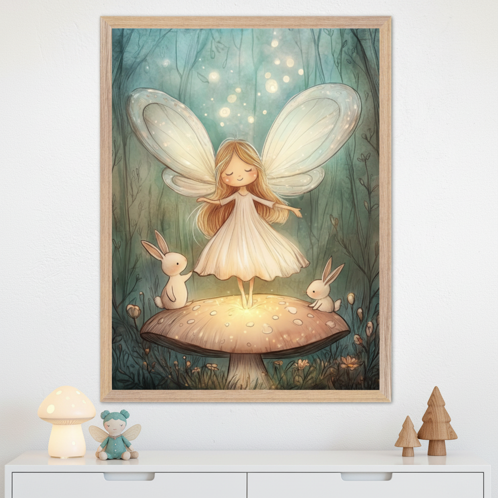 Kid's room with a white dresser. A large framed watercolor print of a fairy on a glowing mushroom with two bunnies in a whimsical forest hangs above the dresser. A mushroom lamp, fairy doll, and wooden trees are on the dresser.