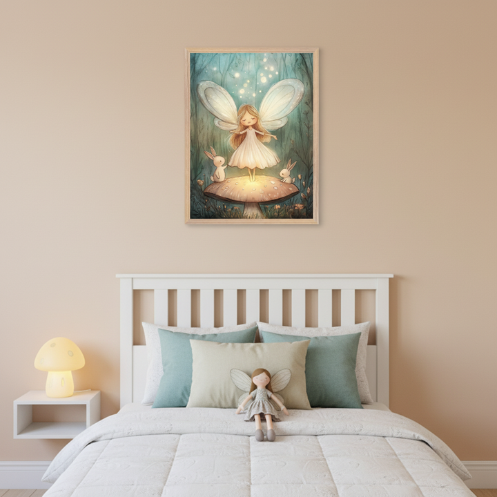 Kid's bedroom with a white bed and slatted headboard. A framed whimsical print of a fairy on a mushroom with two rabbits in a glowing forest hangs centered above the bed. A white nightstand with a mushroom lamp and a fairy doll are also visible.