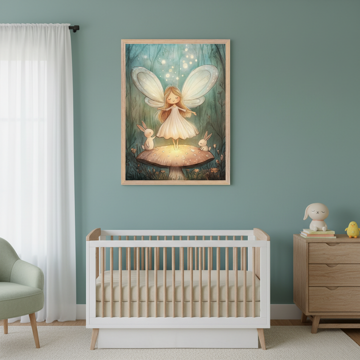 Modern nursery with a white and wood crib and light wood dresser. A framed whimsical illustration of a fairy on a glowing mushroom with two rabbits in a forest hangs above the crib on a teal wall. A light green armchair is on the left.