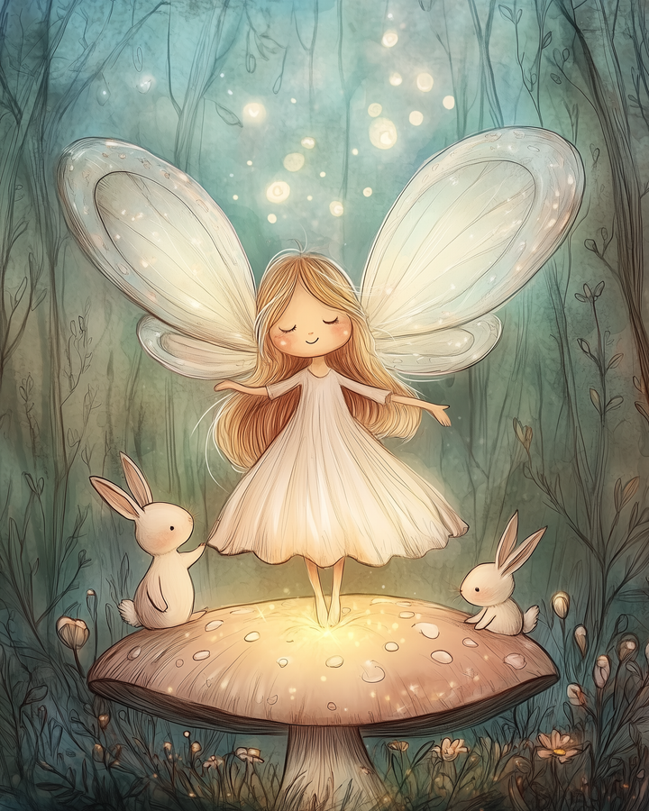 A glowing fairy with long blonde hair and translucent wings stands gracefully on a large mushroom in an enchanted forest, surrounded by two white rabbits. Soft golden light glows beneath her feet, and fireflies float in the misty background, creating a magical, whimsical atmosphere.