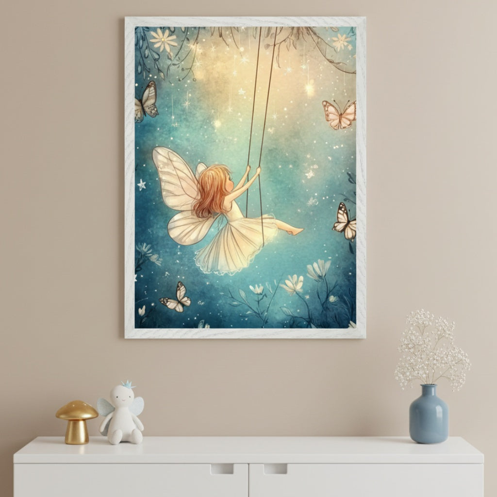 Kid's bedroom with a white dresser. A framed print of a whimsical watercolor fairy with wings swinging from a branch hangs centered above the dresser. The artwork features a blue-green starry background with glowing yellow light and butterflies.