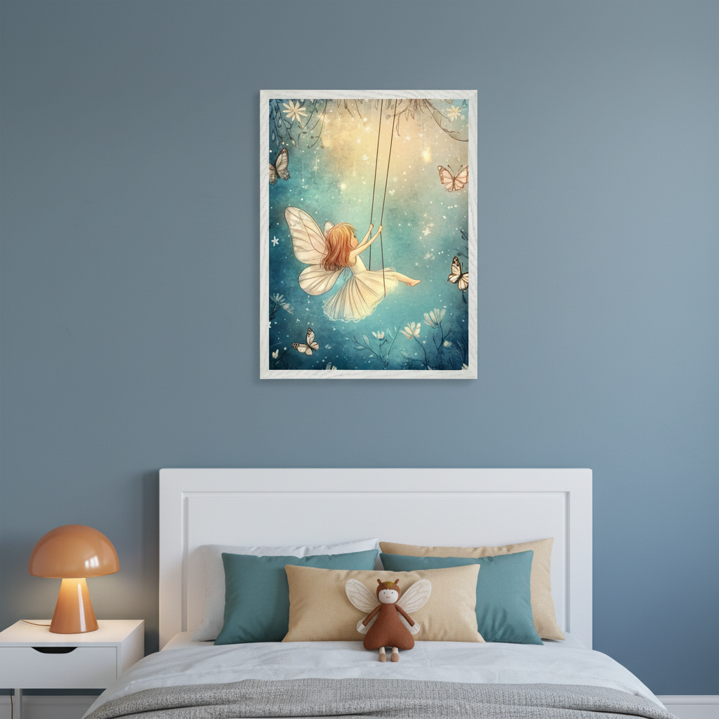 Kid's bedroom with a blue wall and white headboard bed. A framed whimsical illustration of a fairy on a swing in a magical forest with butterflies hangs centered above the bed. A white nightstand with an orange lamp is on the left.