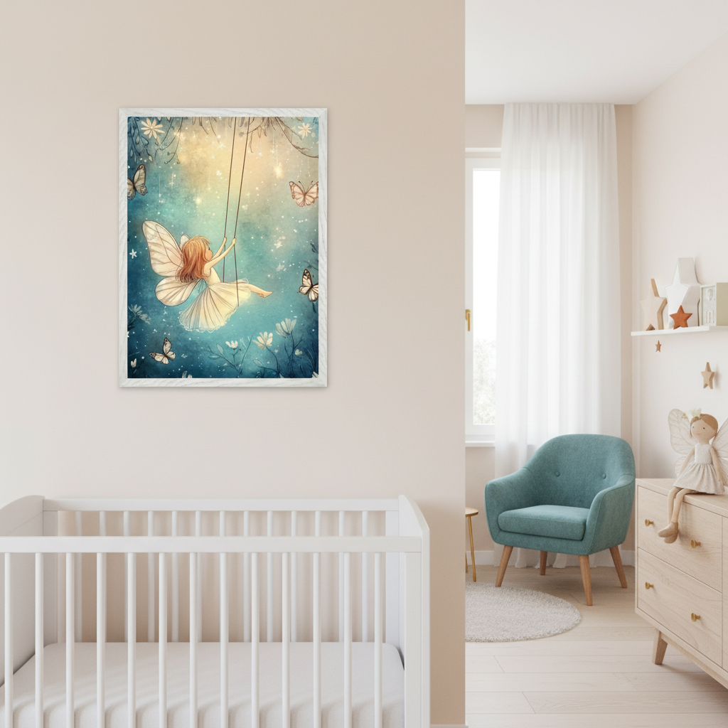 Modern nursery with a white crib. A framed whimsical painting of a fairy on a swing with butterflies hangs above the crib. A teal armchair and light wood dresser are visible on the right.