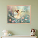 Pale green kid's room with a white dresser. Above the dresser, a framed watercolor of a fairy and hummingbird in a flower field. A mushroom lamp and fairy doll sit on the dresser.