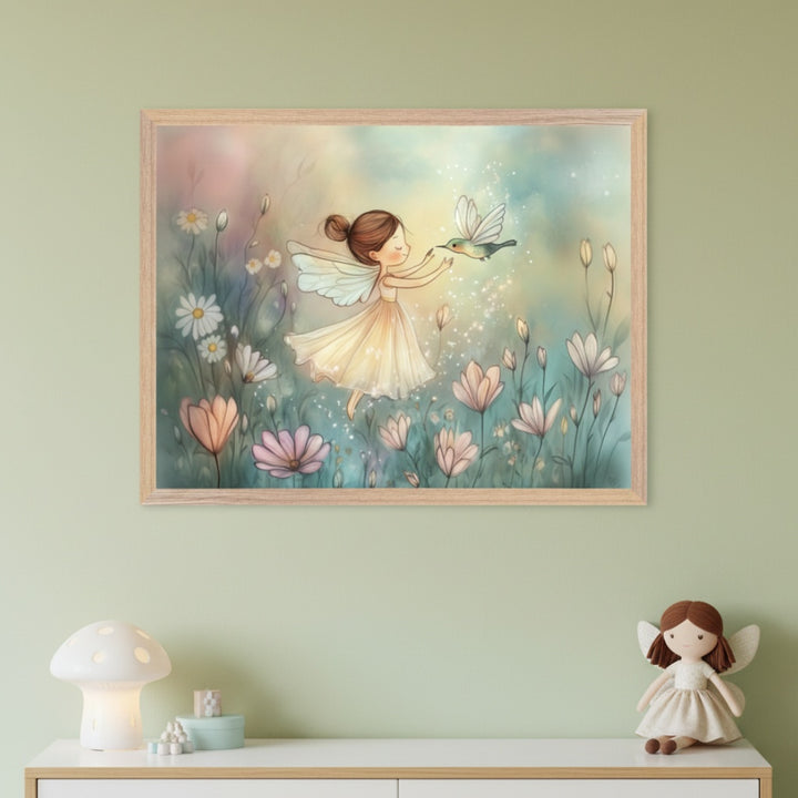 Pale green kid's room with a white dresser. Above the dresser, a framed watercolor of a fairy and hummingbird in a flower field. A mushroom lamp and fairy doll sit on the dresser.