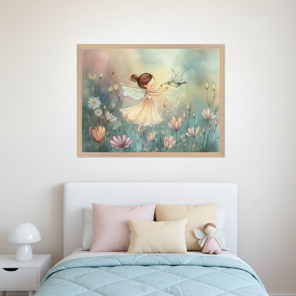 Kid's bedroom with a white bed, light blue duvet, and pillows. A framed whimsical watercolor-style illustration of a fairy with a hummingbird in a flower field hangs centered above the bed. A white nightstand and lamp are on the left.