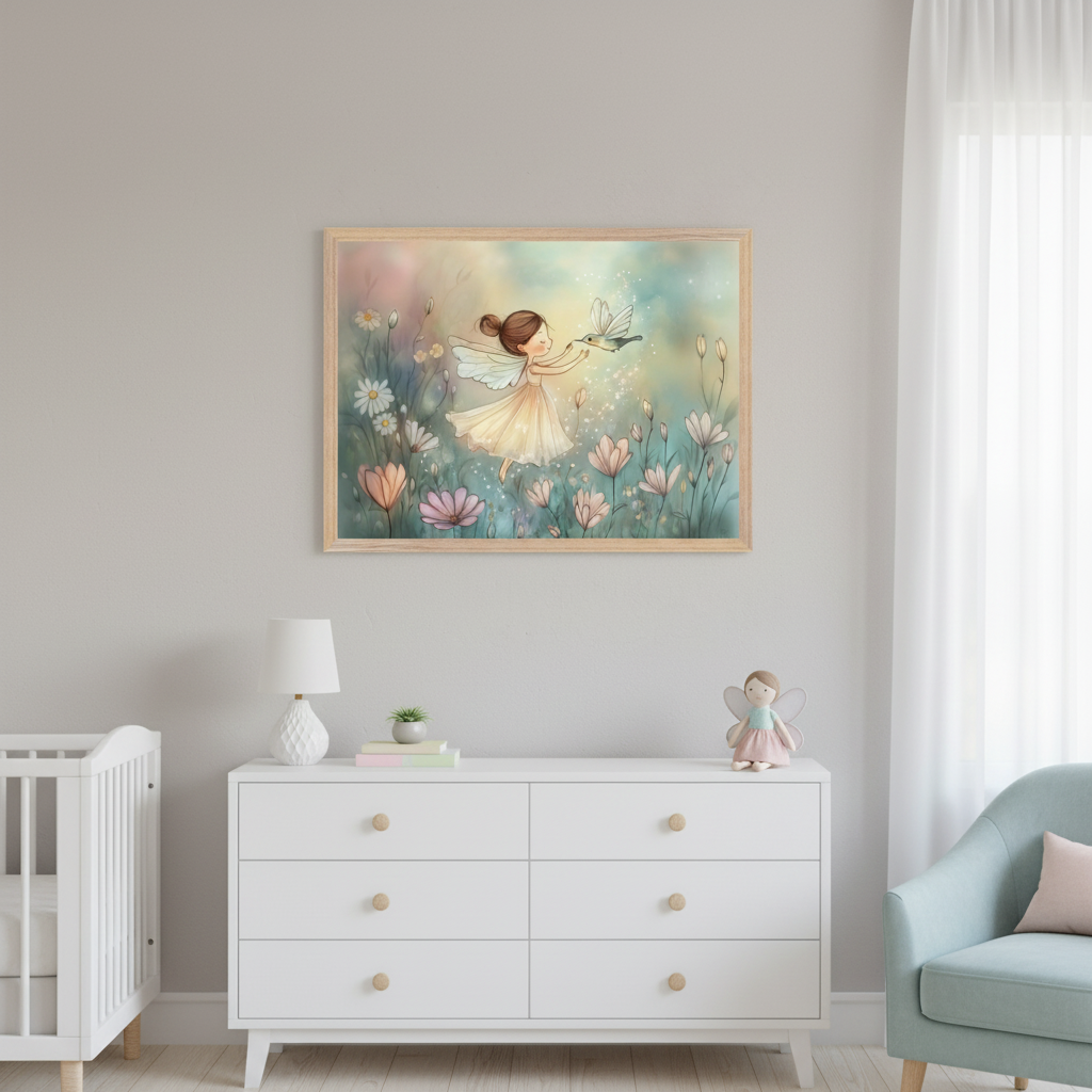 Modern nursery with a white crib, white dresser, and light blue armchair. A framed watercolor print of a fairy and a bird in a field of pastel flowers hangs centered above the dresser.