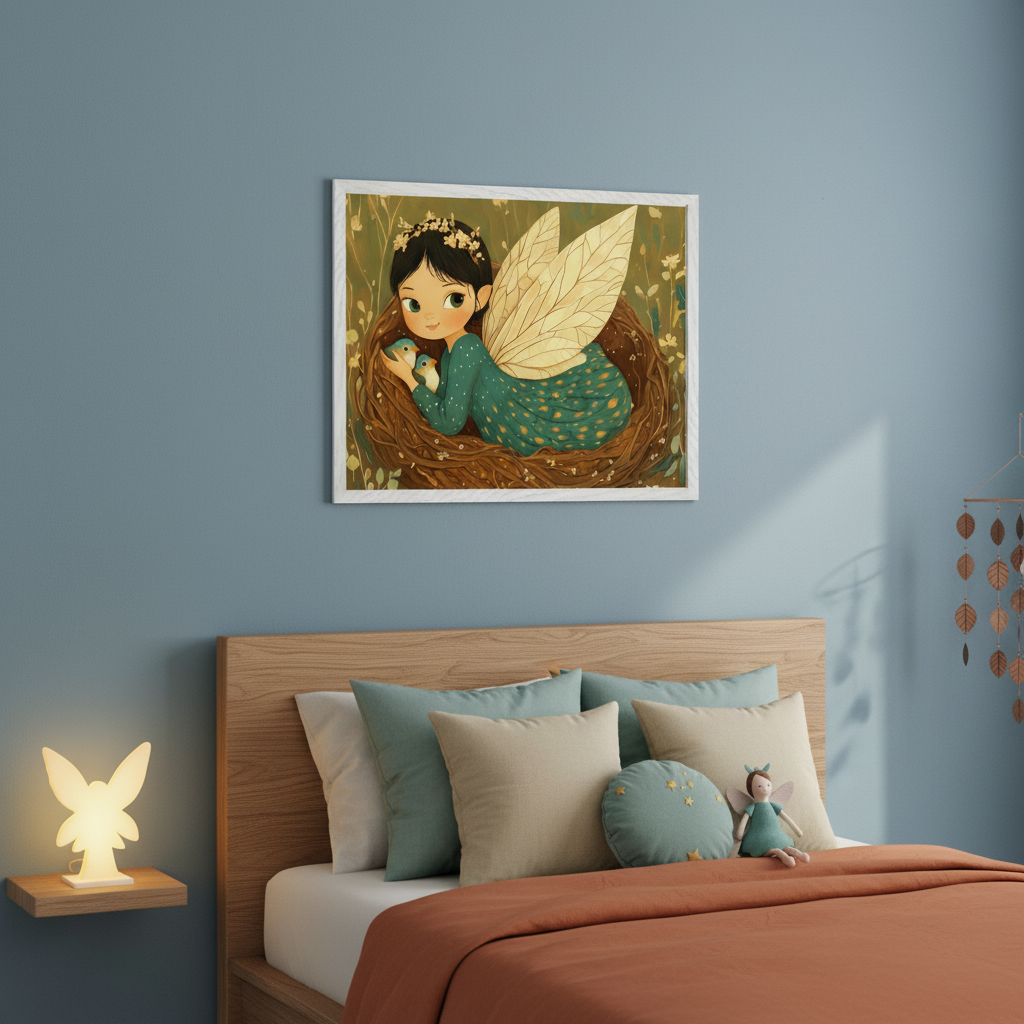 Kid's bedroom with a blue wall and a wooden bed. A framed illustration of a fairy holding two small birds in a nest hangs above the bed. A glowing fairy nightlight is on a side shelf.