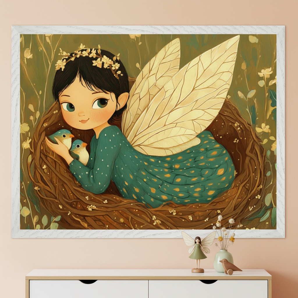 Framed illustration of a fairy child with golden leaf wings and a crown of tiny flowers, lying in a large bird’s nest while gently holding two bluebirds. The soft, earthy background is filled with delicate wildflowers, and the scene sits above a white dresser adorned with a fairy figurine, a vase of dried flowers, and a small wooden bird.