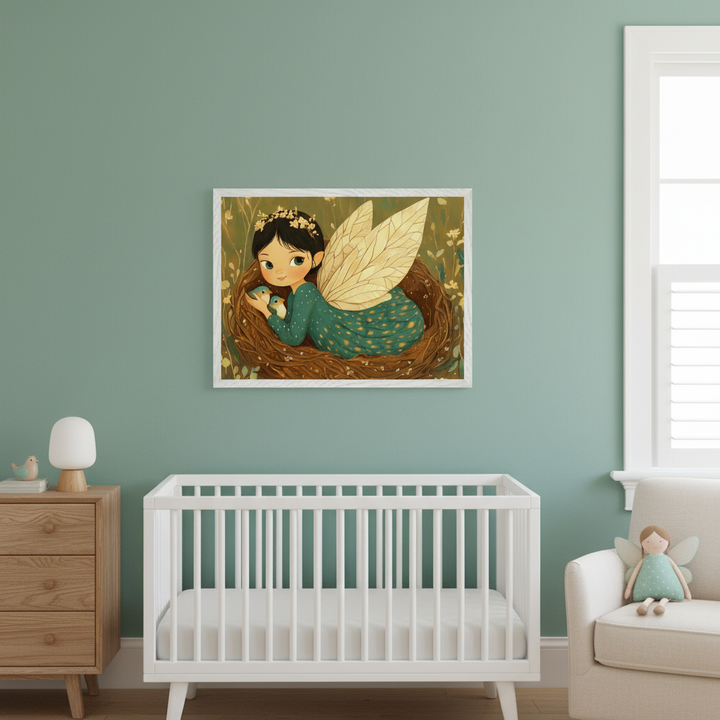 Modern nursery with sage green walls. A white framed illustration of a fairy with golden wings in a nest holding two birds hangs above a white crib. A wooden dresser is on the left, and a beige armchair is on the right with a fairy doll.