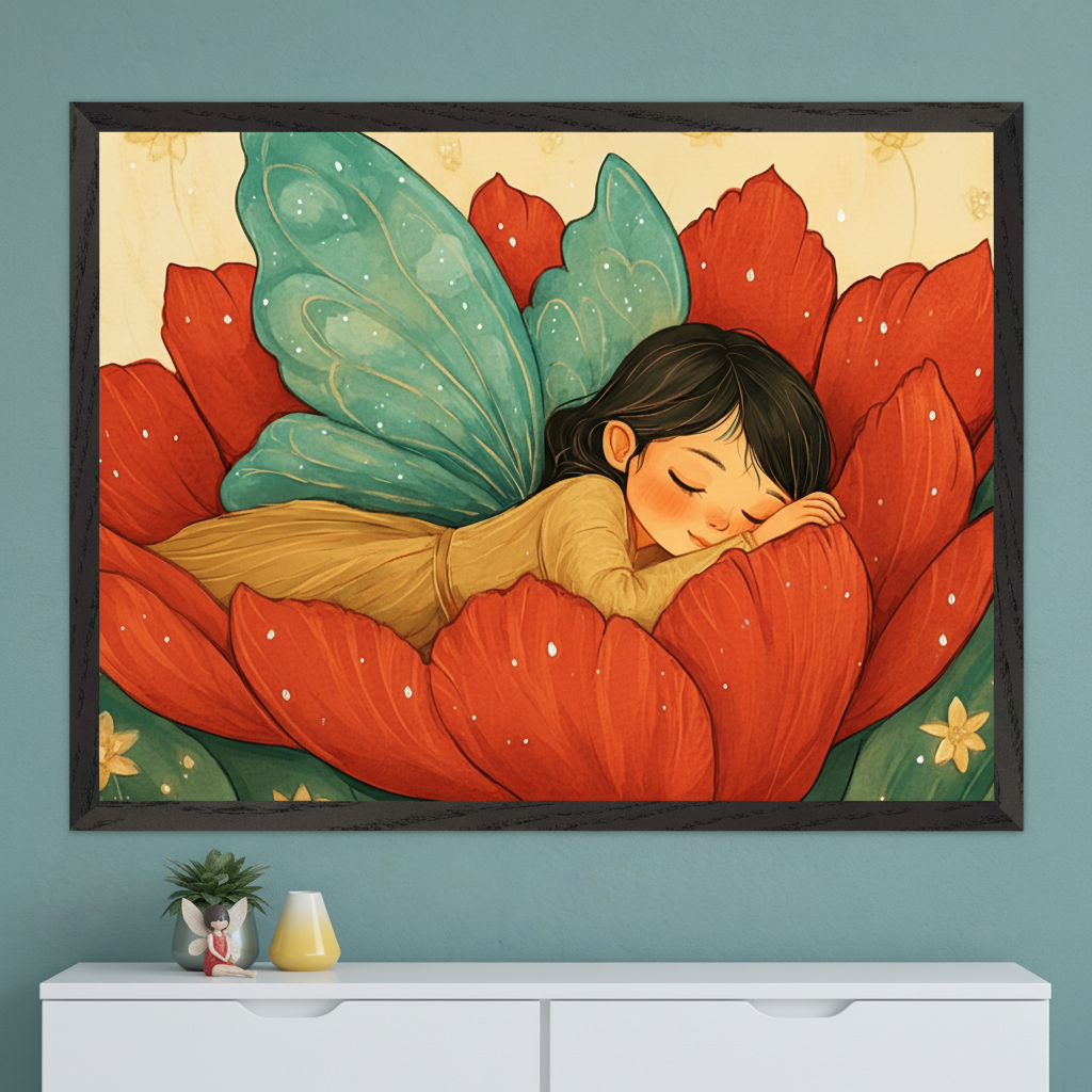Framed artwork of a sleeping fairy with teal wings and dark hair, resting peacefully on the petals of a large red flower. The dreamy illustration hangs on a teal wall above a white cabinet with a tiny fairy figurine and a yellow vase for decoration.