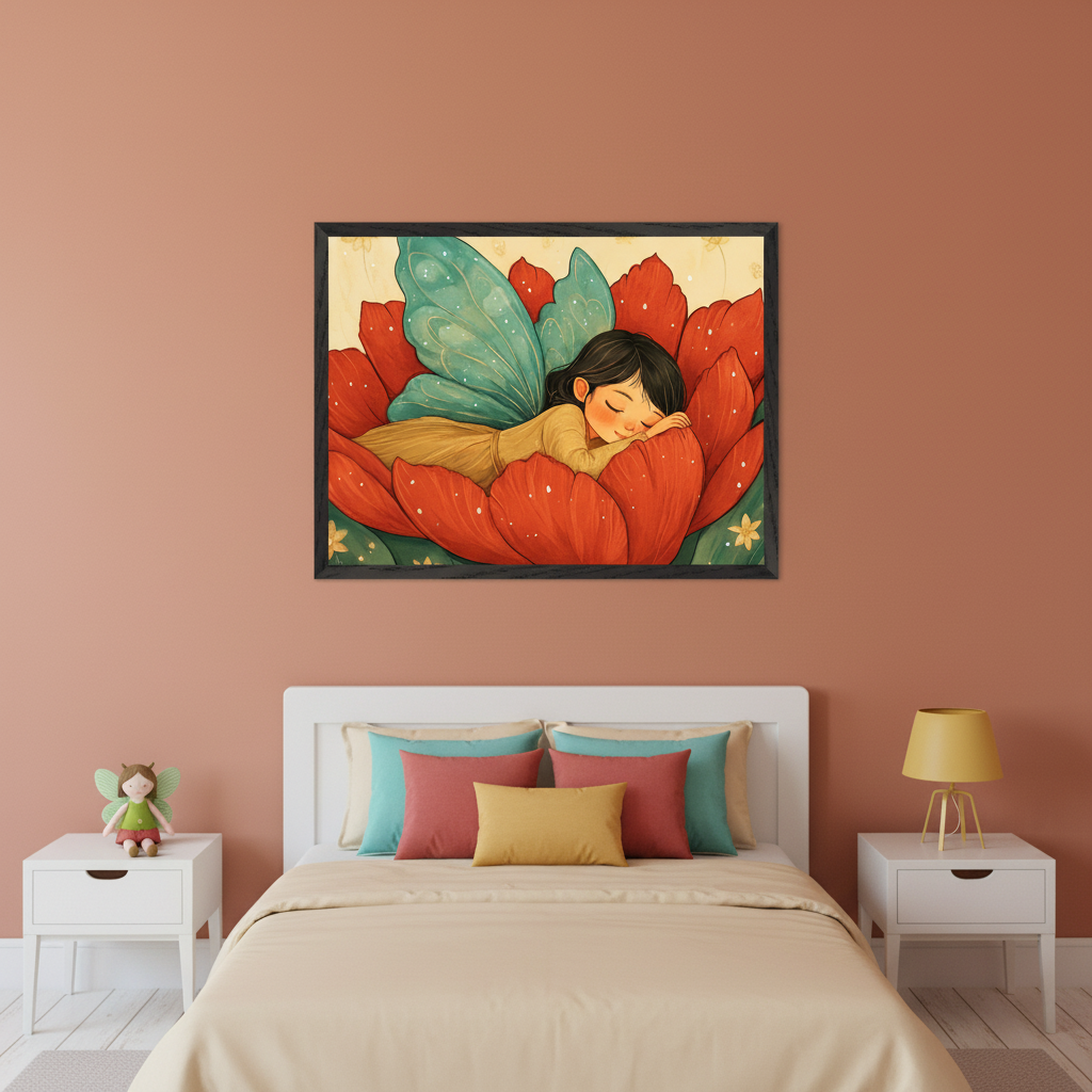 Kid's bedroom with a white bed and two nightstands. A framed illustration of a dark-haired fairy with teal wings sleeping in a large red flower hangs centered above the bed.