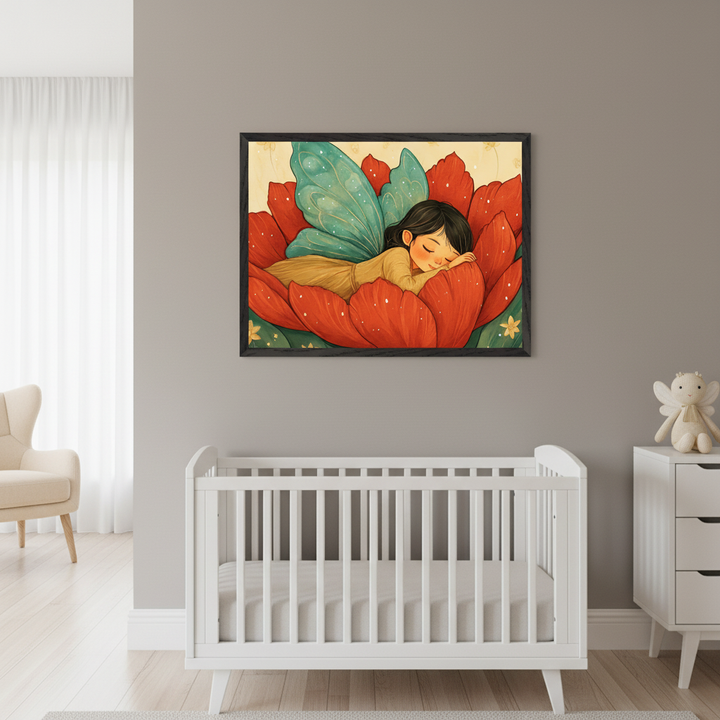 Modern nursery with a white crib and matching dresser. A large black-framed print featuring a cartoon-style fairy with blue wings sleeping in a red flower hangs above the crib. A beige armchair is on the left.