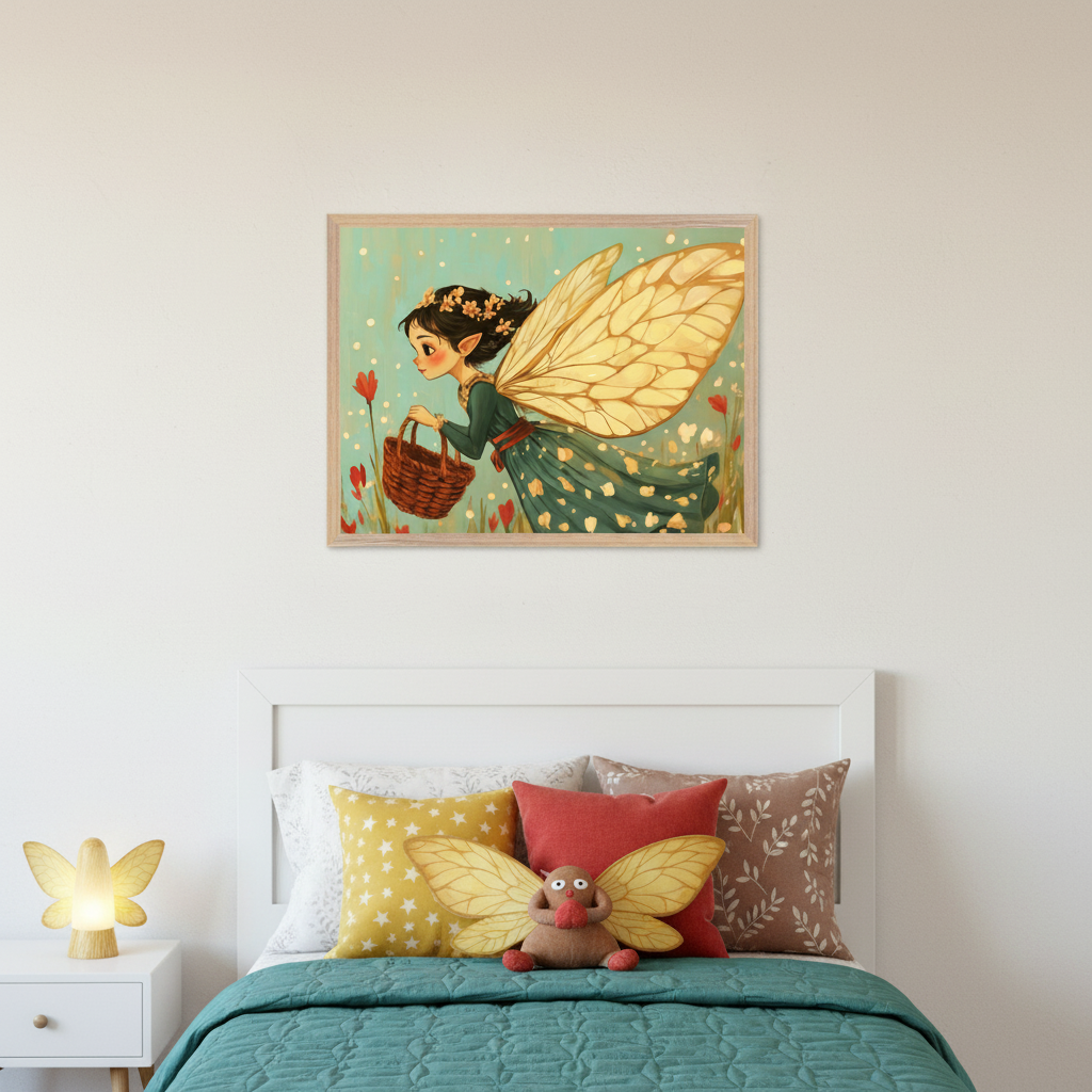 Kid's bedroom with a white bed and headboard. A framed illustration of a fairy with golden wings and a basket in a field of red flowers hangs centered above the bed. A glowing butterfly lamp is on a white nightstand, and a winged plush toy is on the bed.