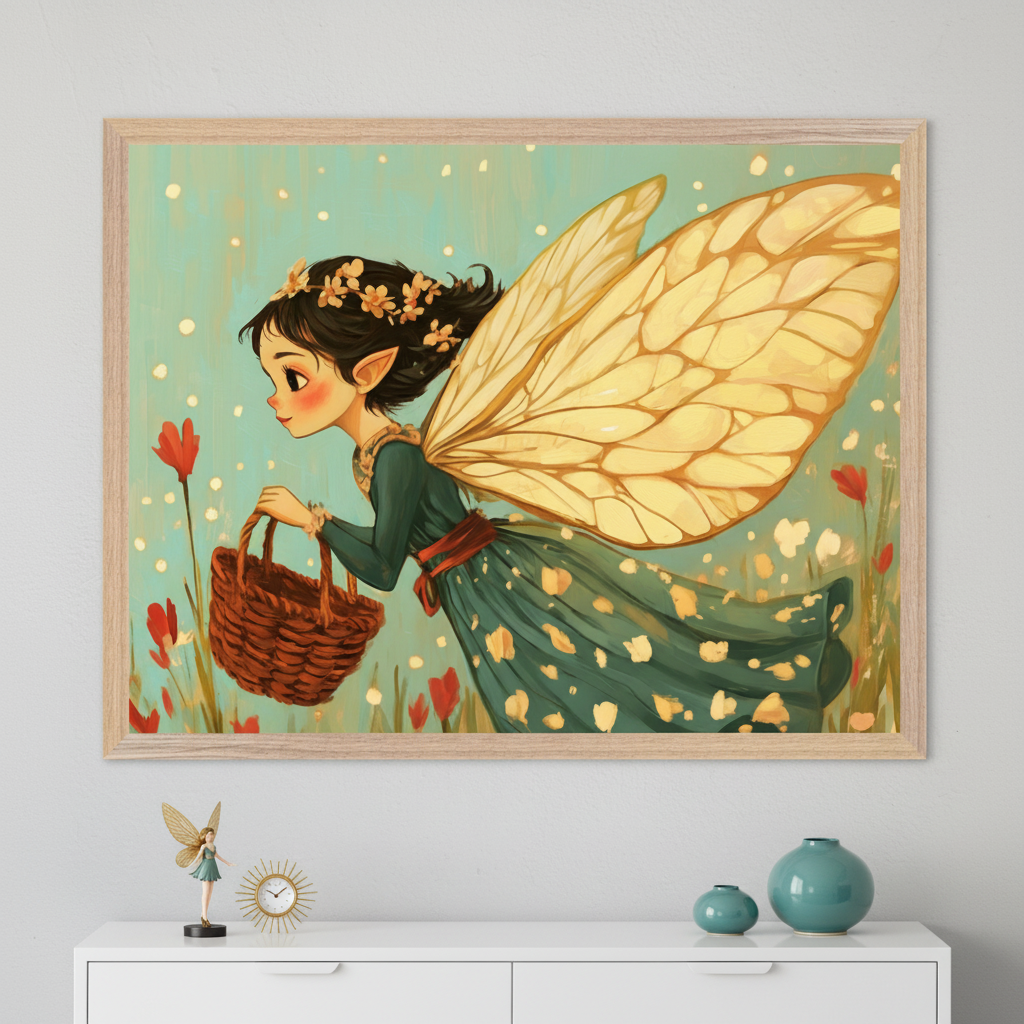 Framed nursery wall art featuring a whimsical fairy with golden wings, pointed ears, and a flower crown, holding a woven basket while floating through a field of red and white flowers. The illustration has a soft, storybook style and hangs above a dresser decorated with teal vases, a fairy figurine, and a small gold clock.