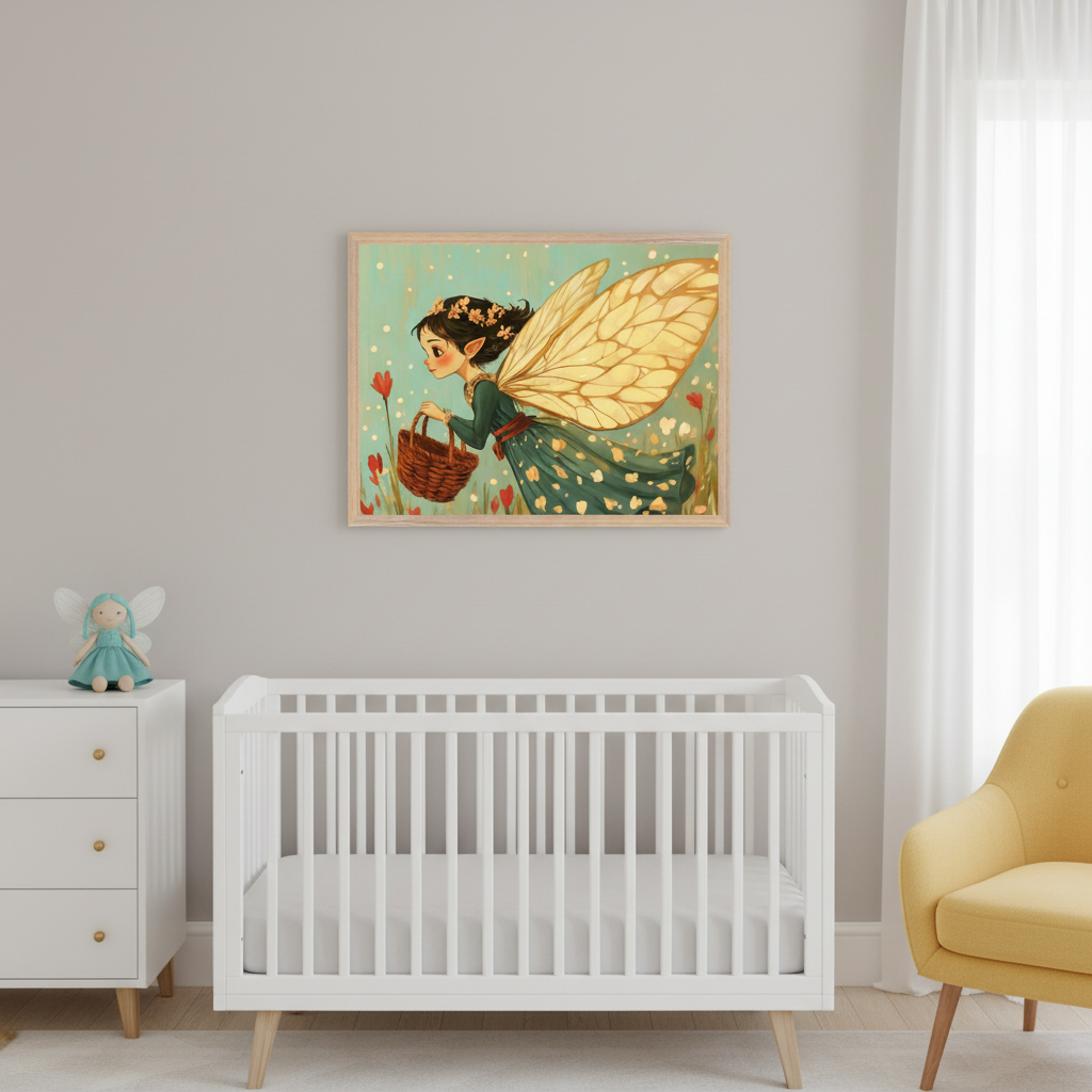 Modern nursery with a white crib, dresser, and yellow armchair. A large framed illustration of a fairy with yellow wings, a green dress, and a basket in a flower field hangs centered above the crib. A small fairy doll is on the dresser.