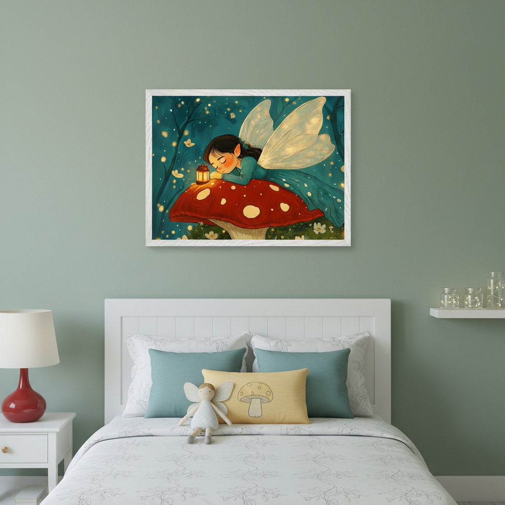 Kid's bedroom with a white bed and nightstand. Above the bed, a large framed illustration of a winged fairy on a red mushroom holding a lantern at night hangs on a sage green wall.